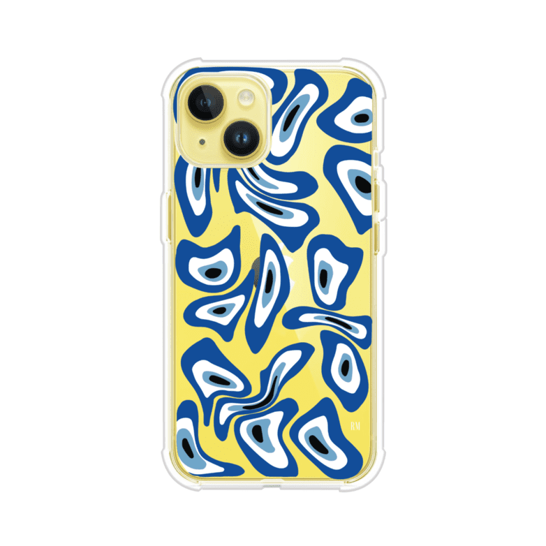 Funda para iPhone con diseño de ojos turcos en tonos azul y blanco, símbolo de protección.
iPhone case featuring Turkish evil eye pattern in blue and white, symbol of protection