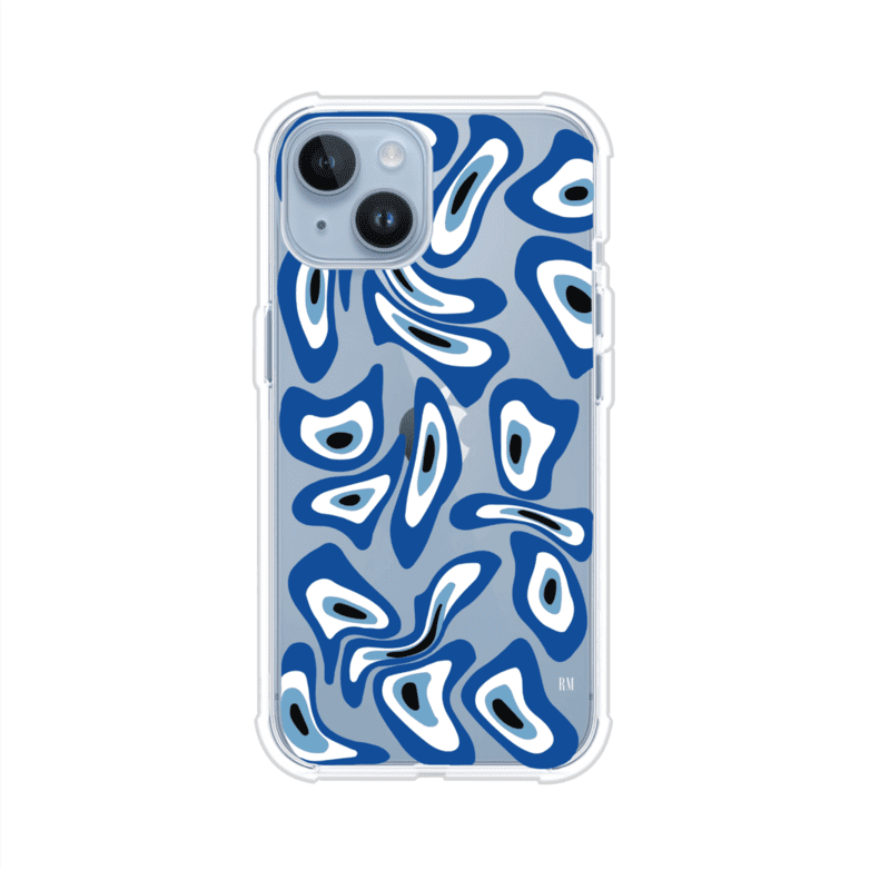 Funda para iPhone con diseño de ojos turcos en tonos azul y blanco, símbolo de protección.
iPhone case featuring Turkish evil eye pattern in blue and white, symbol of protection
