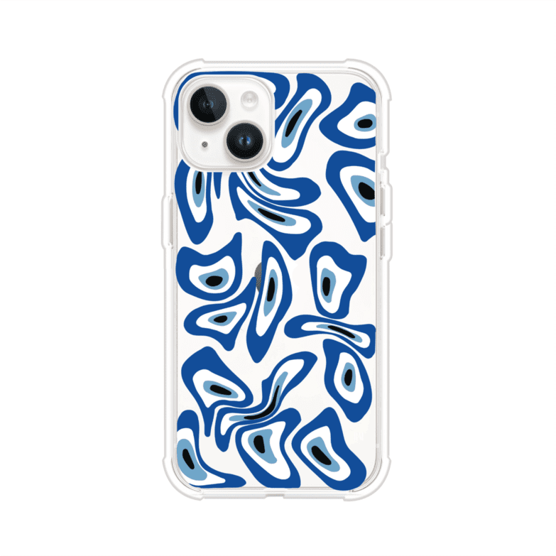 Funda para iPhone con diseño de ojos turcos en tonos azul y blanco, símbolo de protección.
iPhone case featuring Turkish evil eye pattern in blue and white, symbol of protection