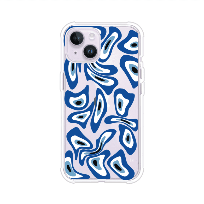 Funda para iPhone con diseño de ojos turcos en tonos azul y blanco, símbolo de protección.
iPhone case featuring Turkish evil eye pattern in blue and white, symbol of protection