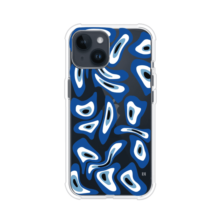 Funda para iPhone con diseño de ojos turcos en tonos azul y blanco, símbolo de protección.
iPhone case featuring Turkish evil eye pattern in blue and white, symbol of protection