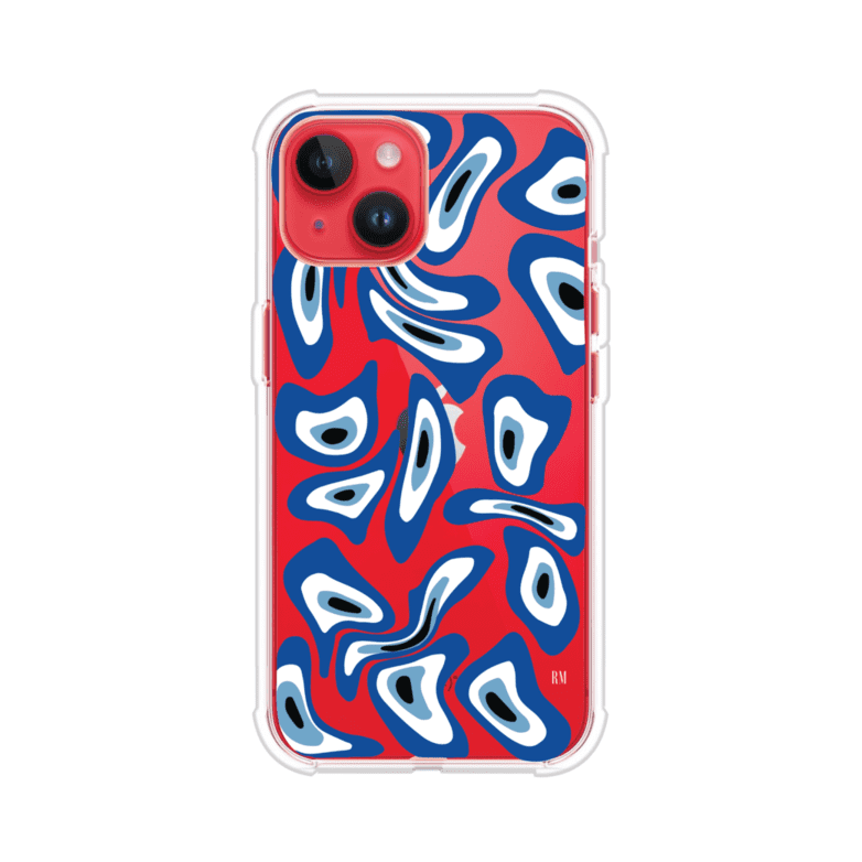 Funda para iPhone con diseño de ojos turcos en tonos azul y blanco, símbolo de protección.
iPhone case featuring Turkish evil eye pattern in blue and white, symbol of protection
