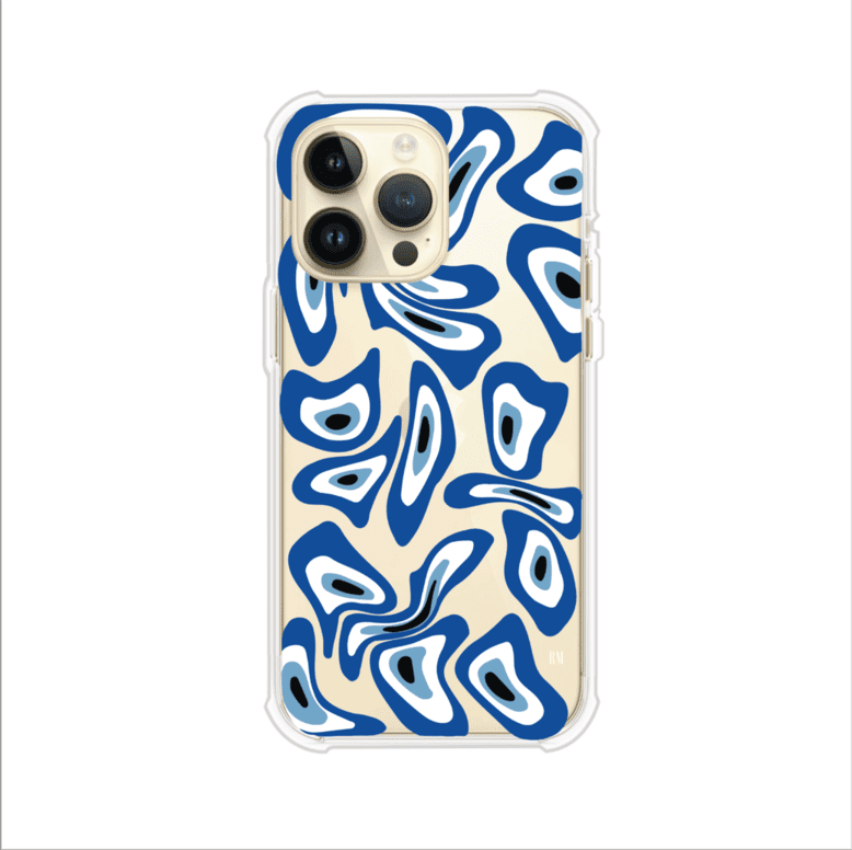 Funda para iPhone con diseño de ojos turcos en tonos azul y blanco, símbolo de protección.
iPhone case featuring Turkish evil eye pattern in blue and white, symbol of protection