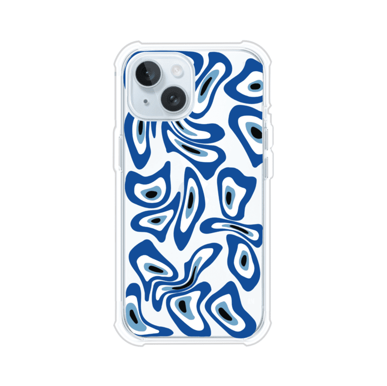 Funda para iPhone con diseño de ojos turcos en tonos azul y blanco, símbolo de protección.
iPhone case featuring Turkish evil eye pattern in blue and white, symbol of protection