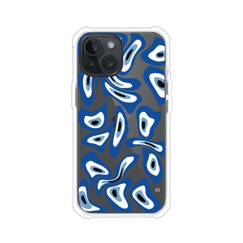 Funda para iPhone con diseño de ojos turcos en tonos azul y blanco, símbolo de protección.
iPhone case featuring Turkish evil eye pattern in blue and white, symbol of protection