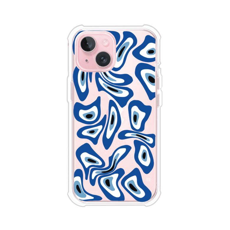 Funda para iPhone con diseño de ojos turcos en tonos azul y blanco, símbolo de protección.
iPhone case featuring Turkish evil eye pattern in blue and white, symbol of protection