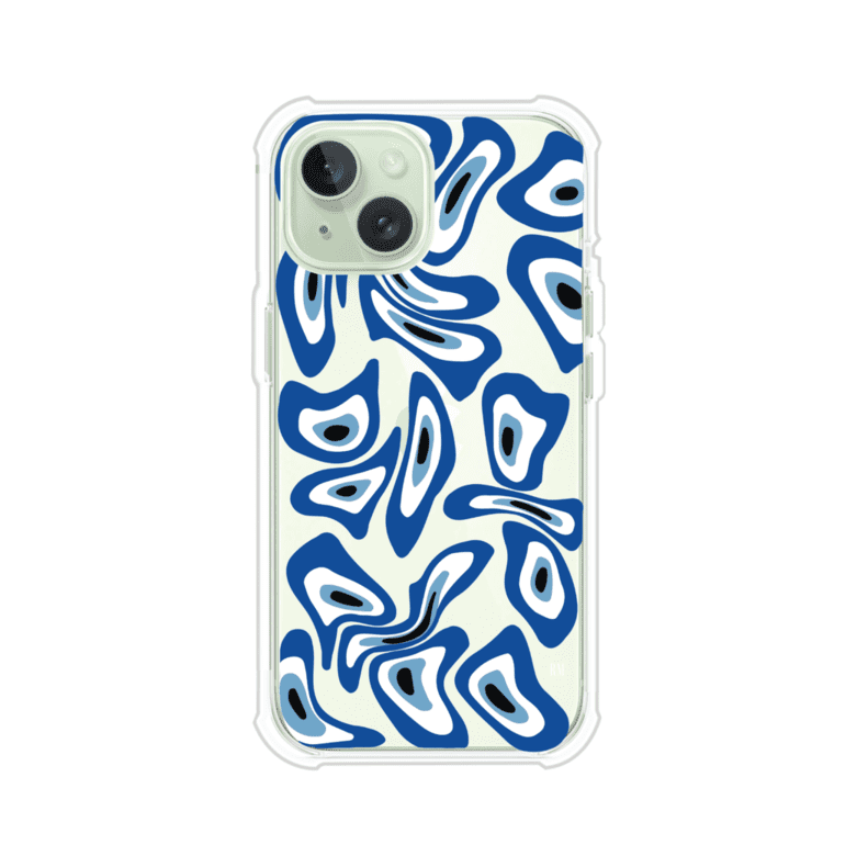 Funda para iPhone con diseño de ojos turcos en tonos azul y blanco, símbolo de protección.
iPhone case featuring Turkish evil eye pattern in blue and white, symbol of protection