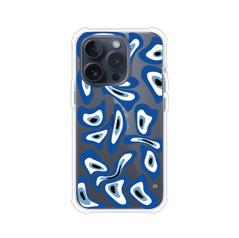 Funda para iPhone con diseño de ojos turcos en tonos azul y blanco, símbolo de protección.
iPhone case featuring Turkish evil eye pattern in blue and white, symbol of protection