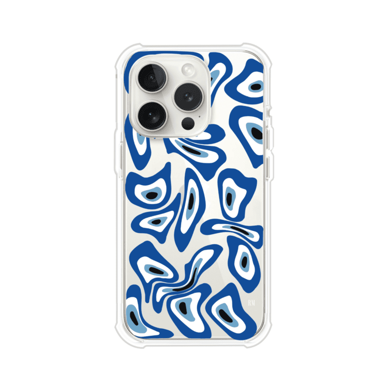 Funda para iPhone con diseño de ojos turcos en tonos azul y blanco, símbolo de protección.
iPhone case featuring Turkish evil eye pattern in blue and white, symbol of protection