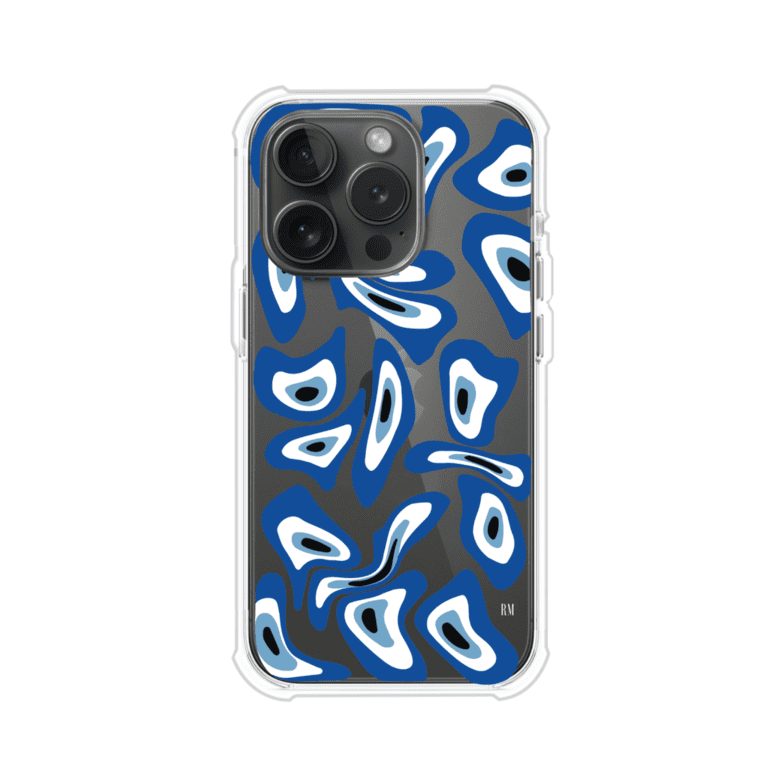 Funda para iPhone con diseño de ojos turcos en tonos azul y blanco, símbolo de protección.
iPhone case featuring Turkish evil eye pattern in blue and white, symbol of protection