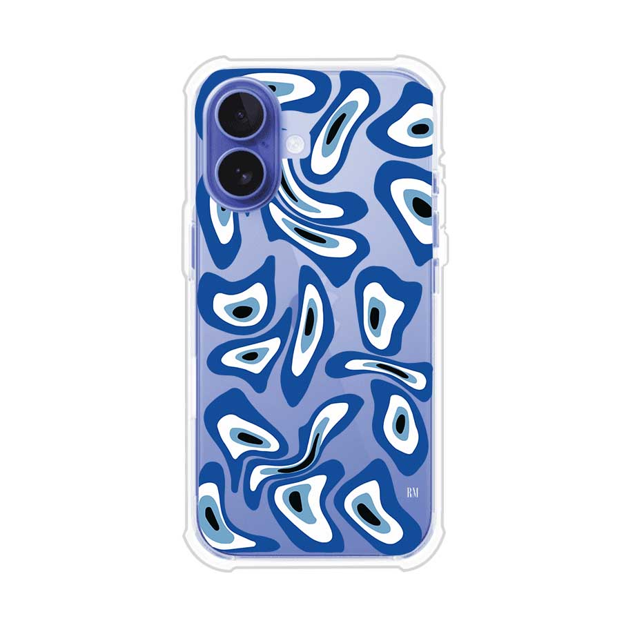 Funda para iPhone con diseño de ojos turcos en tonos azul y blanco, símbolo de protección.
iPhone case featuring Turkish evil eye pattern in blue and white, symbol of protection