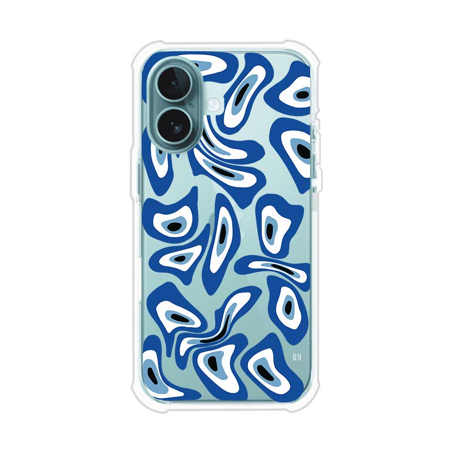 Funda para iPhone con diseño de ojos turcos en tonos azul y blanco, símbolo de protección.
iPhone case featuring Turkish evil eye pattern in blue and white, symbol of protection