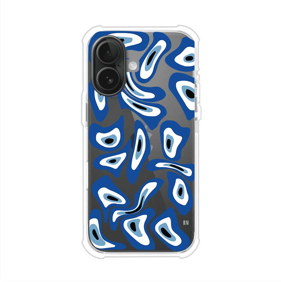 Funda para iPhone con diseño de ojos turcos en tonos azul y blanco, símbolo de protección.
iPhone case featuring Turkish evil eye pattern in blue and white, symbol of protection