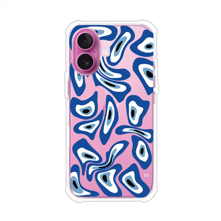 Funda para iPhone con diseño de ojos turcos en tonos azul y blanco, símbolo de protección.
iPhone case featuring Turkish evil eye pattern in blue and white, symbol of protection