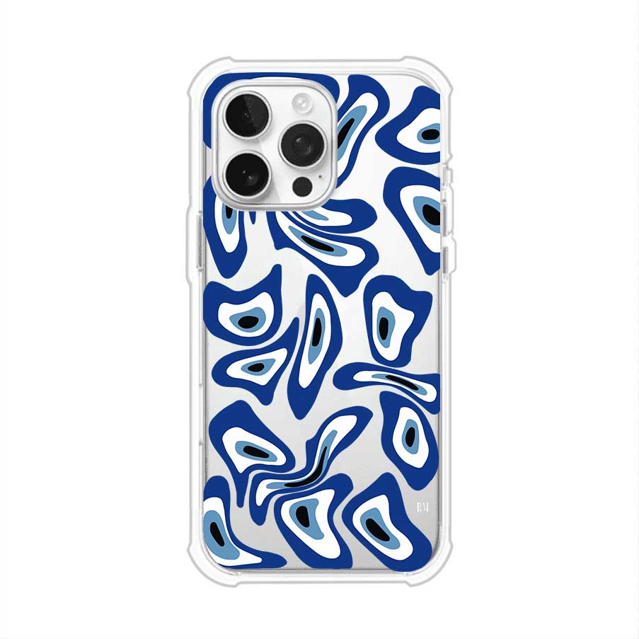 Funda para iPhone con diseño de ojos turcos en tonos azul y blanco, símbolo de protección.
iPhone case featuring Turkish evil eye pattern in blue and white, symbol of protection