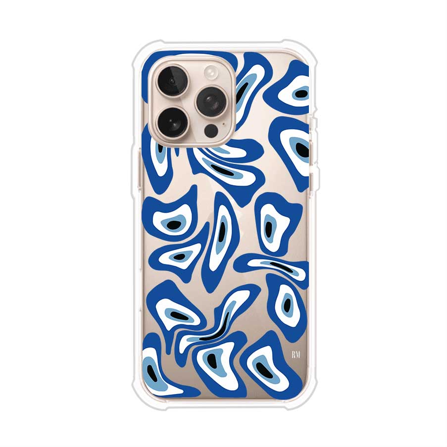 Funda para iPhone con diseño de ojos turcos en tonos azul y blanco, símbolo de protección.
iPhone case featuring Turkish evil eye pattern in blue and white, symbol of protection