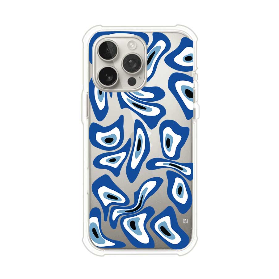Funda para iPhone con diseño de ojos turcos en tonos azul y blanco, símbolo de protección.
iPhone case featuring Turkish evil eye pattern in blue and white, symbol of protection