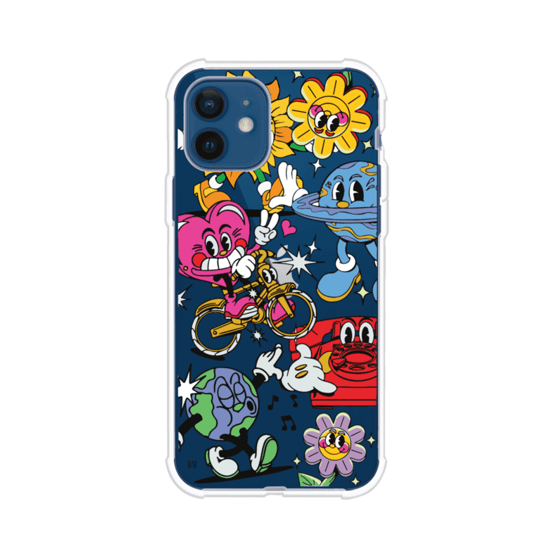Funda personalizada para iPhone con ilustraciones coloridas de estilo pop art, creada por Nelson Art; diseño con flores, planetas, manos y personajes animados, producto de Remark MX