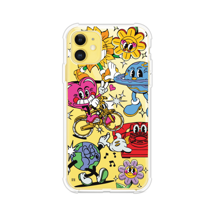 Funda personalizada para iPhone con ilustraciones coloridas de estilo pop art, creada por Nelson Art; diseño con flores, planetas, manos y personajes animados, producto de Remark MX