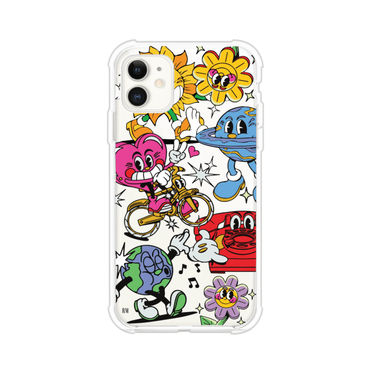 Funda personalizada para iPhone con ilustraciones coloridas de estilo pop art, creada por Nelson Art; diseño con flores, planetas, manos y personajes animados, producto de Remark MX