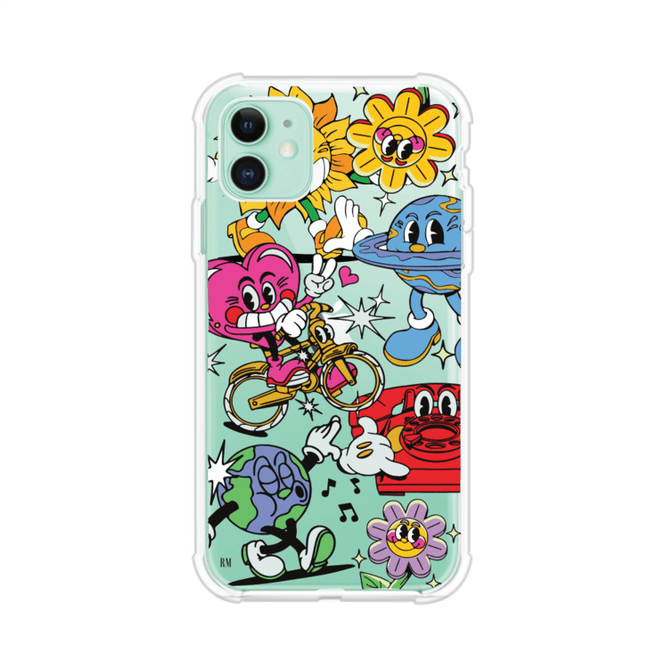 Funda personalizada para iPhone con ilustraciones coloridas de estilo pop art, creada por Nelson Art; diseño con flores, planetas, manos y personajes animados, producto de Remark MX