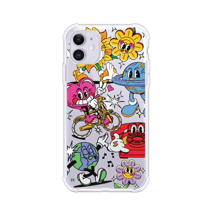 Funda personalizada para iPhone con ilustraciones coloridas de estilo pop art, creada por Nelson Art; diseño con flores, planetas, manos y personajes animados, producto de Remark MX