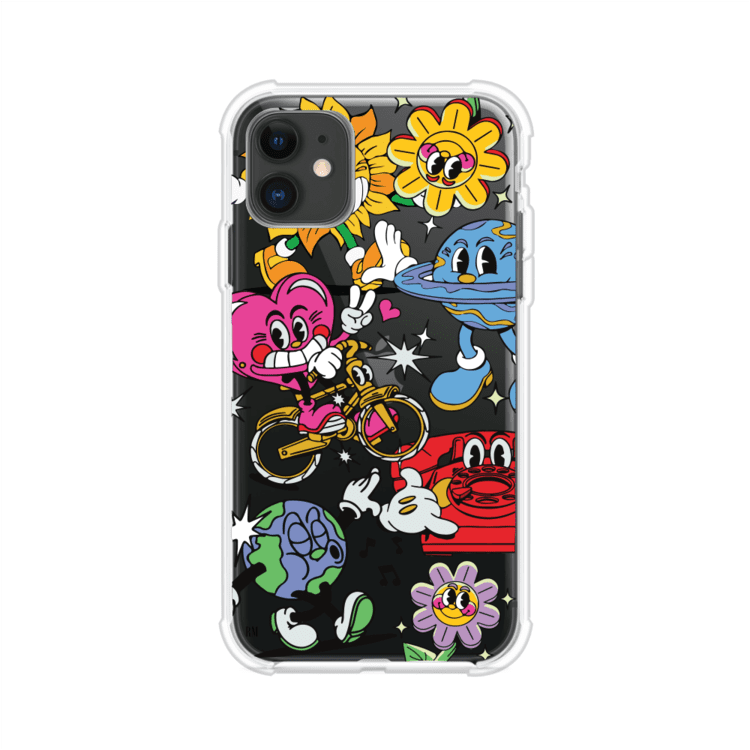 Funda personalizada para iPhone con ilustraciones coloridas de estilo pop art, creada por Nelson Art; diseño con flores, planetas, manos y personajes animados, producto de Remark MX