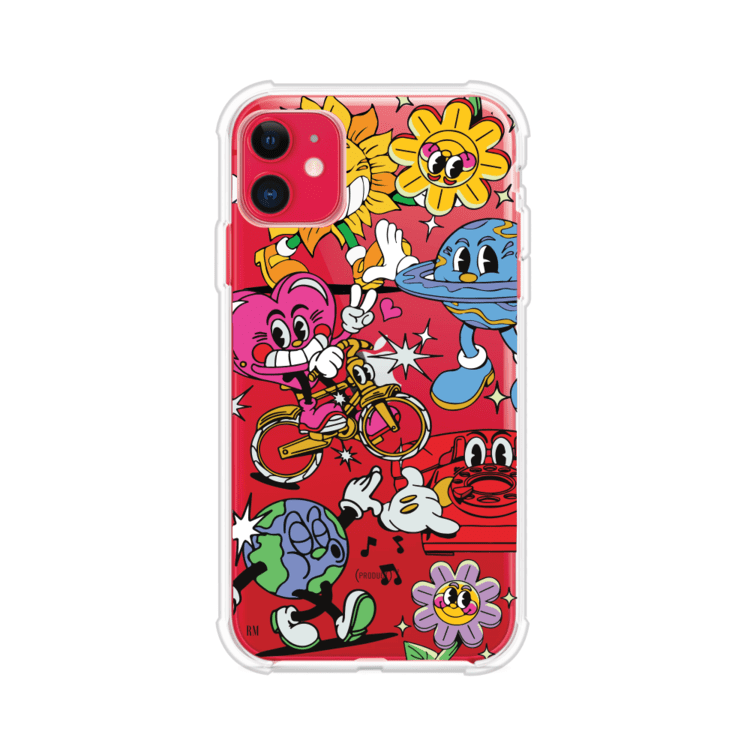 Funda personalizada para iPhone con ilustraciones coloridas de estilo pop art, creada por Nelson Art; diseño con flores, planetas, manos y personajes animados, producto de Remark MX