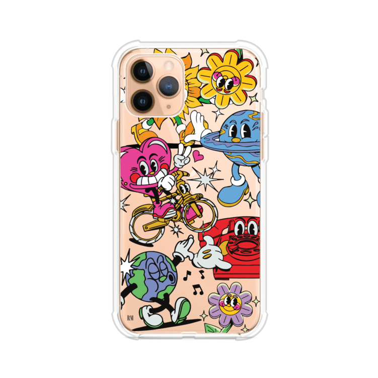 Funda personalizada para iPhone con ilustraciones coloridas de estilo pop art, creada por Nelson Art; diseño con flores, planetas, manos y personajes animados, producto de Remark MX