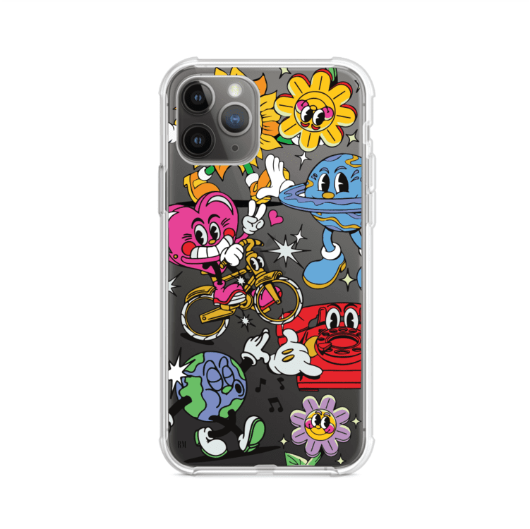 Funda personalizada para iPhone con ilustraciones coloridas de estilo pop art, creada por Nelson Art; diseño con flores, planetas, manos y personajes animados, producto de Remark MX