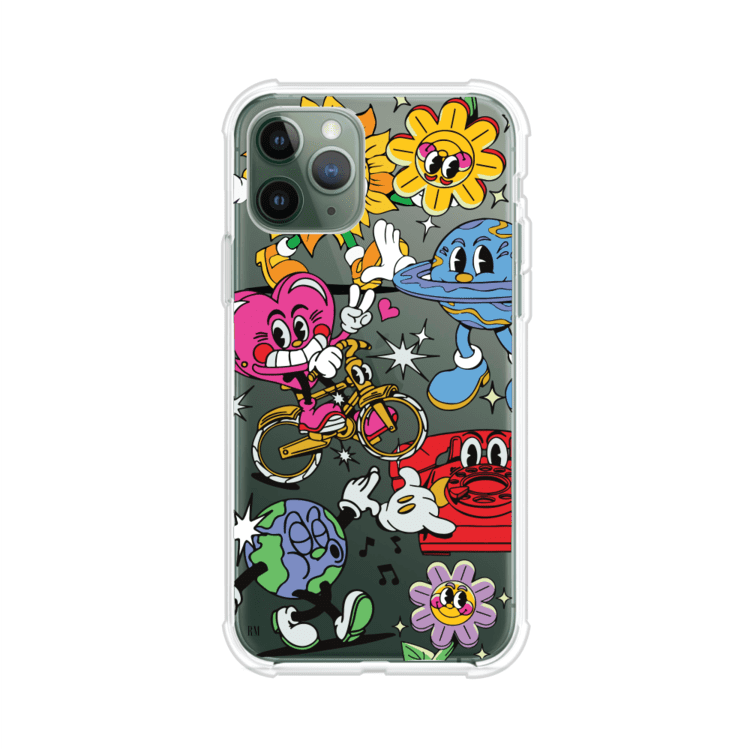 Funda personalizada para iPhone con ilustraciones coloridas de estilo pop art, creada por Nelson Art; diseño con flores, planetas, manos y personajes animados, producto de Remark MX