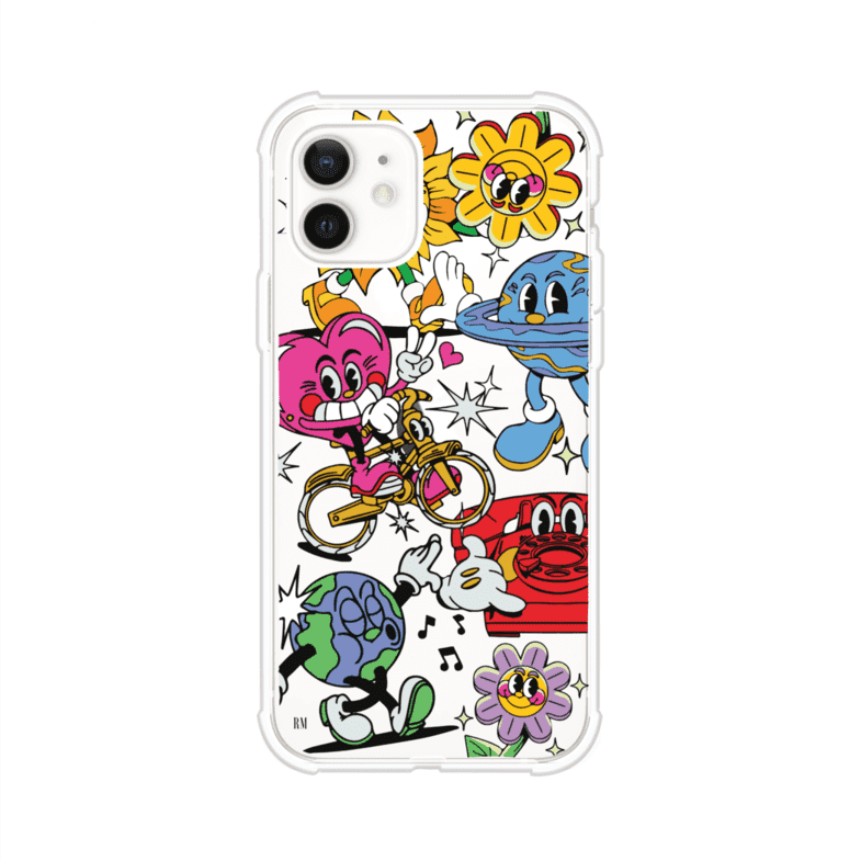 Funda personalizada para iPhone con ilustraciones coloridas de estilo pop art, creada por Nelson Art; diseño con flores, planetas, manos y personajes animados, producto de Remark MX