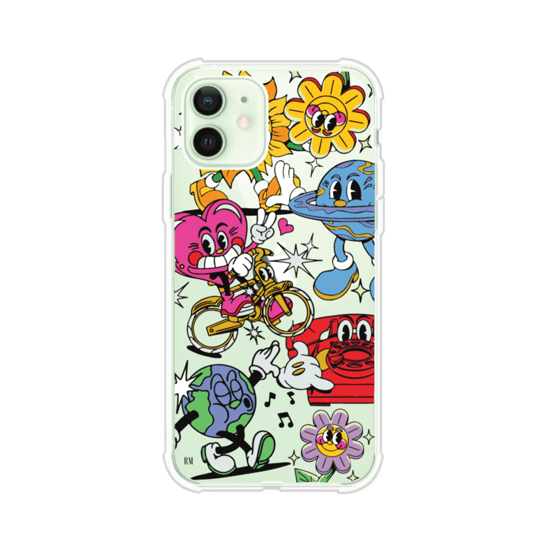 Funda personalizada para iPhone con ilustraciones coloridas de estilo pop art, creada por Nelson Art; diseño con flores, planetas, manos y personajes animados, producto de Remark MX