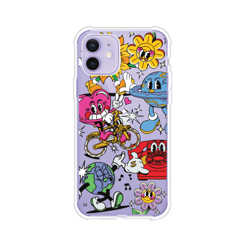 Funda personalizada para iPhone con ilustraciones coloridas de estilo pop art, creada por Nelson Art; diseño con flores, planetas, manos y personajes animados, producto de Remark MX