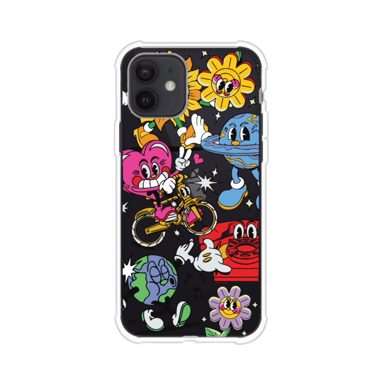 Funda personalizada para iPhone con ilustraciones coloridas de estilo pop art, creada por Nelson Art; diseño con flores, planetas, manos y personajes animados, producto de Remark MX