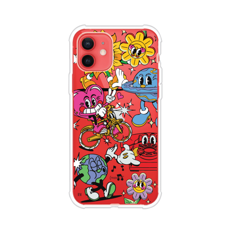 Funda personalizada para iPhone con ilustraciones coloridas de estilo pop art, creada por Nelson Art; diseño con flores, planetas, manos y personajes animados, producto de Remark MX