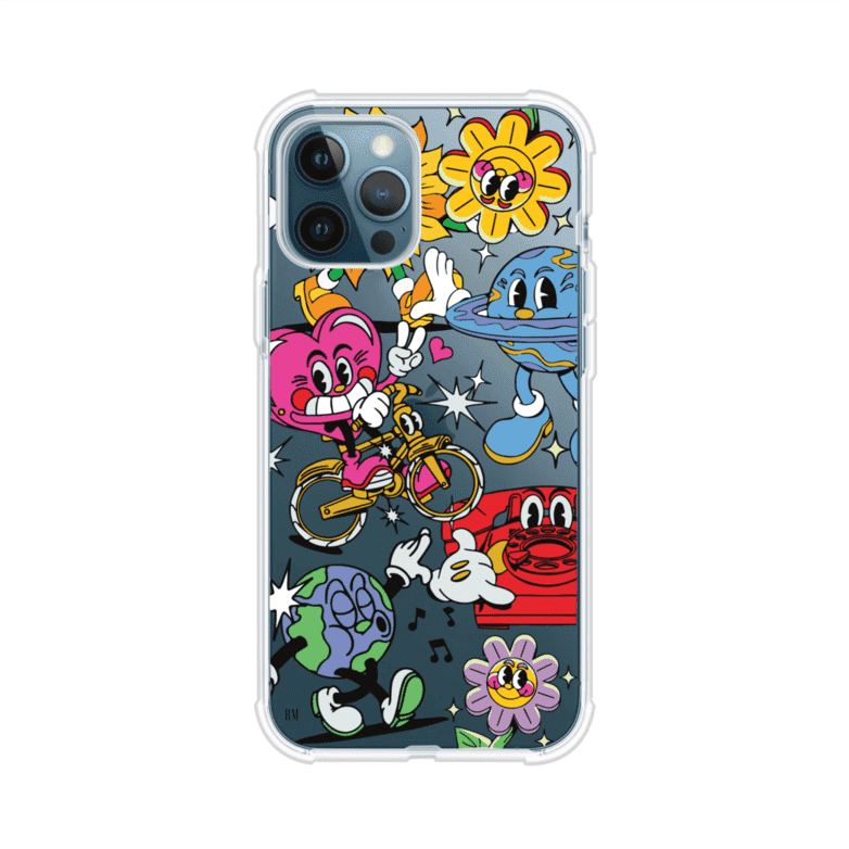 Funda personalizada para iPhone con ilustraciones coloridas de estilo pop art, creada por Nelson Art; diseño con flores, planetas, manos y personajes animados, producto de Remark MX