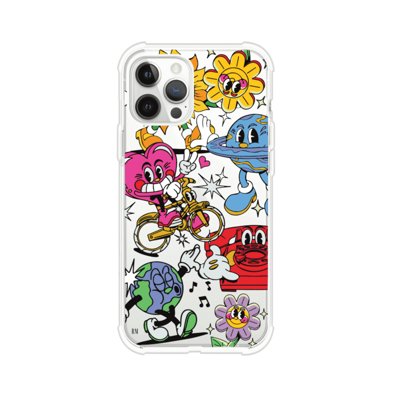 Funda personalizada para iPhone con ilustraciones coloridas de estilo pop art, creada por Nelson Art; diseño con flores, planetas, manos y personajes animados, producto de Remark MX