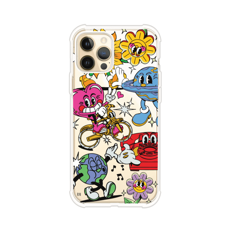 Funda personalizada para iPhone con ilustraciones coloridas de estilo pop art, creada por Nelson Art; diseño con flores, planetas, manos y personajes animados, producto de Remark MX