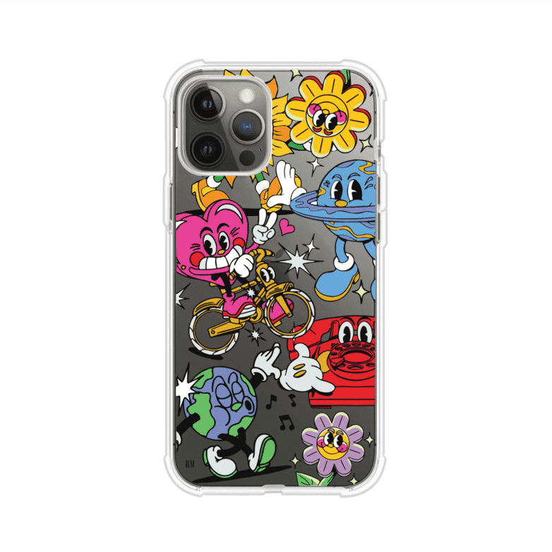 Funda personalizada para iPhone con ilustraciones coloridas de estilo pop art, creada por Nelson Art; diseño con flores, planetas, manos y personajes animados, producto de Remark MX