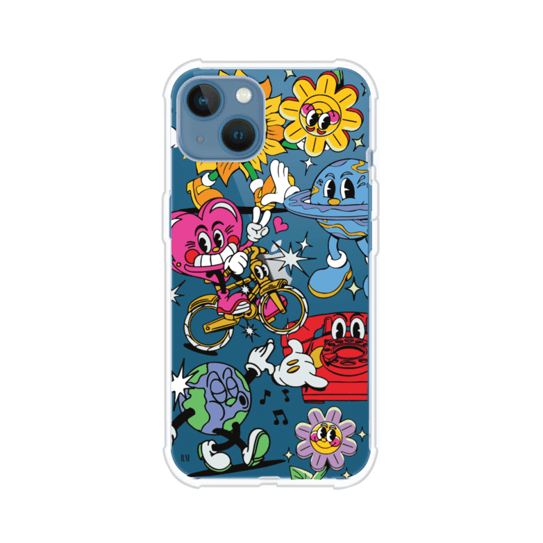 Funda personalizada para iPhone con ilustraciones coloridas de estilo pop art, creada por Nelson Art; diseño con flores, planetas, manos y personajes animados, producto de Remark MX