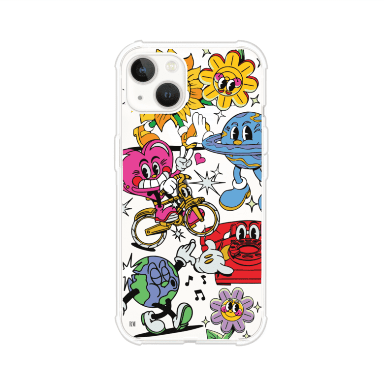 Funda personalizada para iPhone con ilustraciones coloridas de estilo pop art, creada por Nelson Art; diseño con flores, planetas, manos y personajes animados, producto de Remark MX