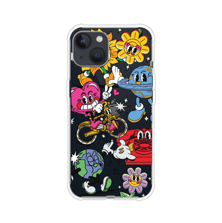 Funda personalizada para iPhone con ilustraciones coloridas de estilo pop art, creada por Nelson Art; diseño con flores, planetas, manos y personajes animados, producto de Remark MX
