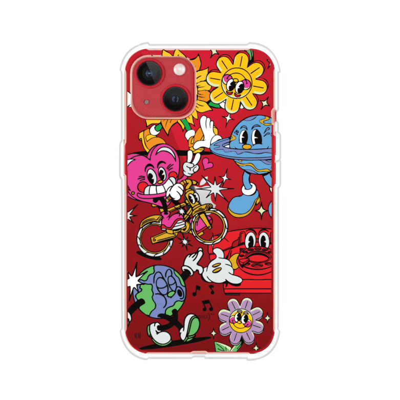 Funda personalizada para iPhone con ilustraciones coloridas de estilo pop art, creada por Nelson Art; diseño con flores, planetas, manos y personajes animados, producto de Remark MX