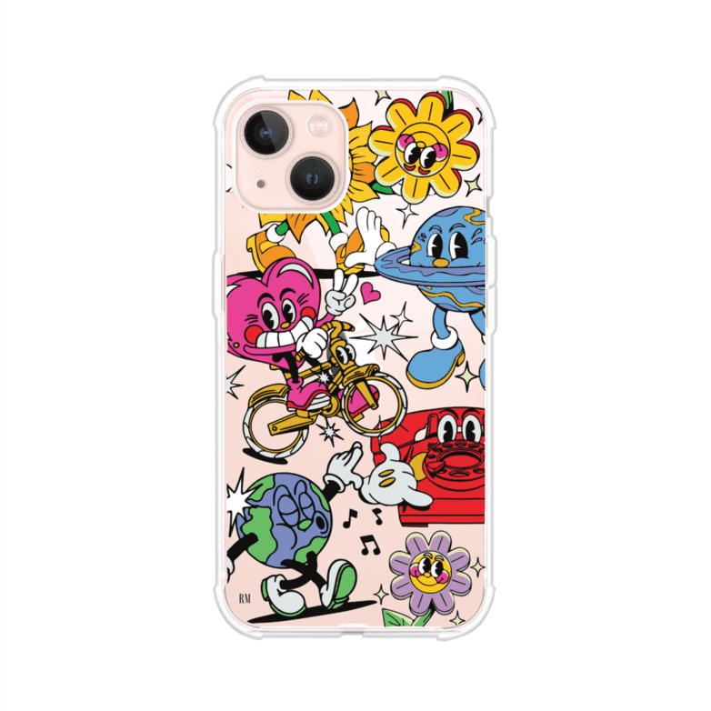 Funda personalizada para iPhone con ilustraciones coloridas de estilo pop art, creada por Nelson Art; diseño con flores, planetas, manos y personajes animados, producto de Remark MX