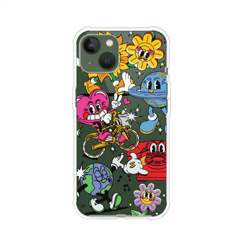 Funda personalizada para iPhone con ilustraciones coloridas de estilo pop art, creada por Nelson Art; diseño con flores, planetas, manos y personajes animados, producto de Remark MX