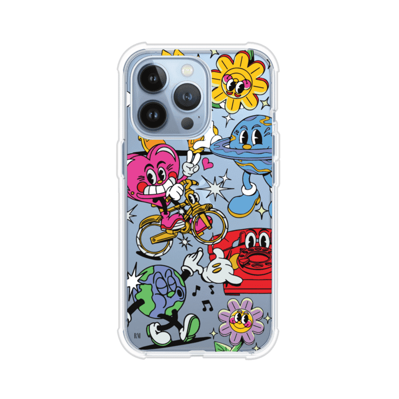 Funda personalizada para iPhone con ilustraciones coloridas de estilo pop art, creada por Nelson Art; diseño con flores, planetas, manos y personajes animados, producto de Remark MX