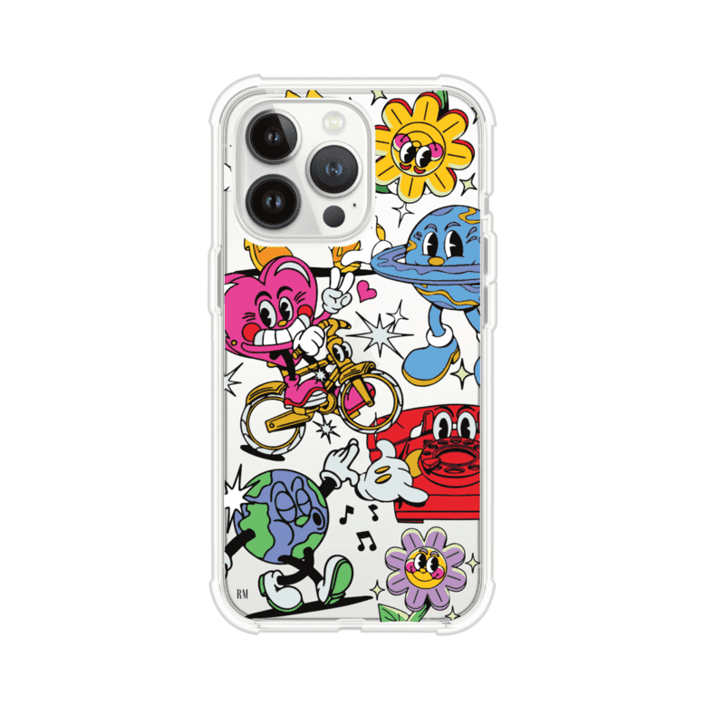 Funda personalizada para iPhone con ilustraciones coloridas de estilo pop art, creada por Nelson Art; diseño con flores, planetas, manos y personajes animados, producto de Remark MX