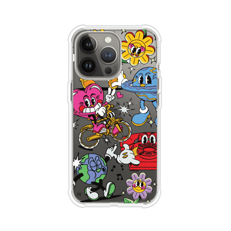 Funda personalizada para iPhone con ilustraciones coloridas de estilo pop art, creada por Nelson Art; diseño con flores, planetas, manos y personajes animados, producto de Remark MX