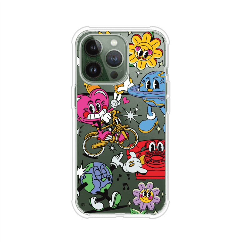 Funda personalizada para iPhone con ilustraciones coloridas de estilo pop art, creada por Nelson Art; diseño con flores, planetas, manos y personajes animados, producto de Remark MX